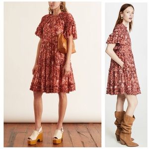 Ulla Johnson $495 Fawn Tiered Ruffle Cotton Red Mini Dress with Pockets S/M